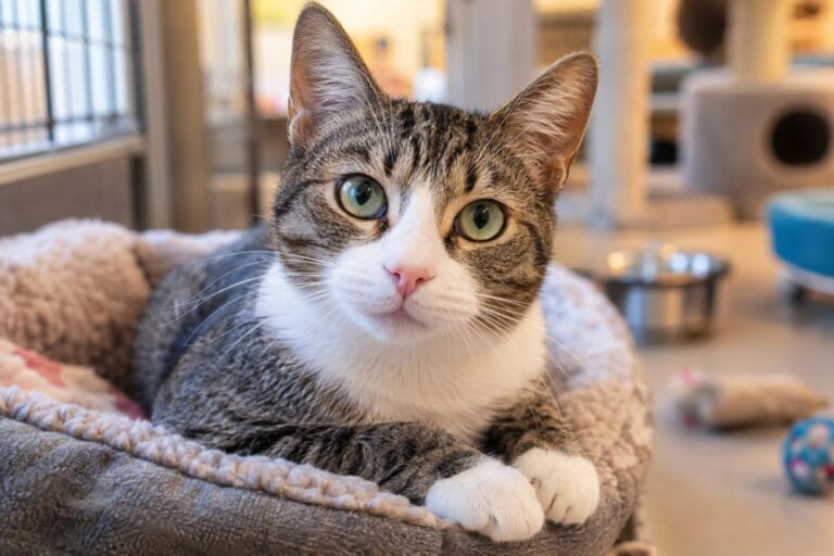 Un chat domestique adorable en gros plan, regardant directement la caméra avec des yeux expressifs et attachants dans un refuge pour animaux