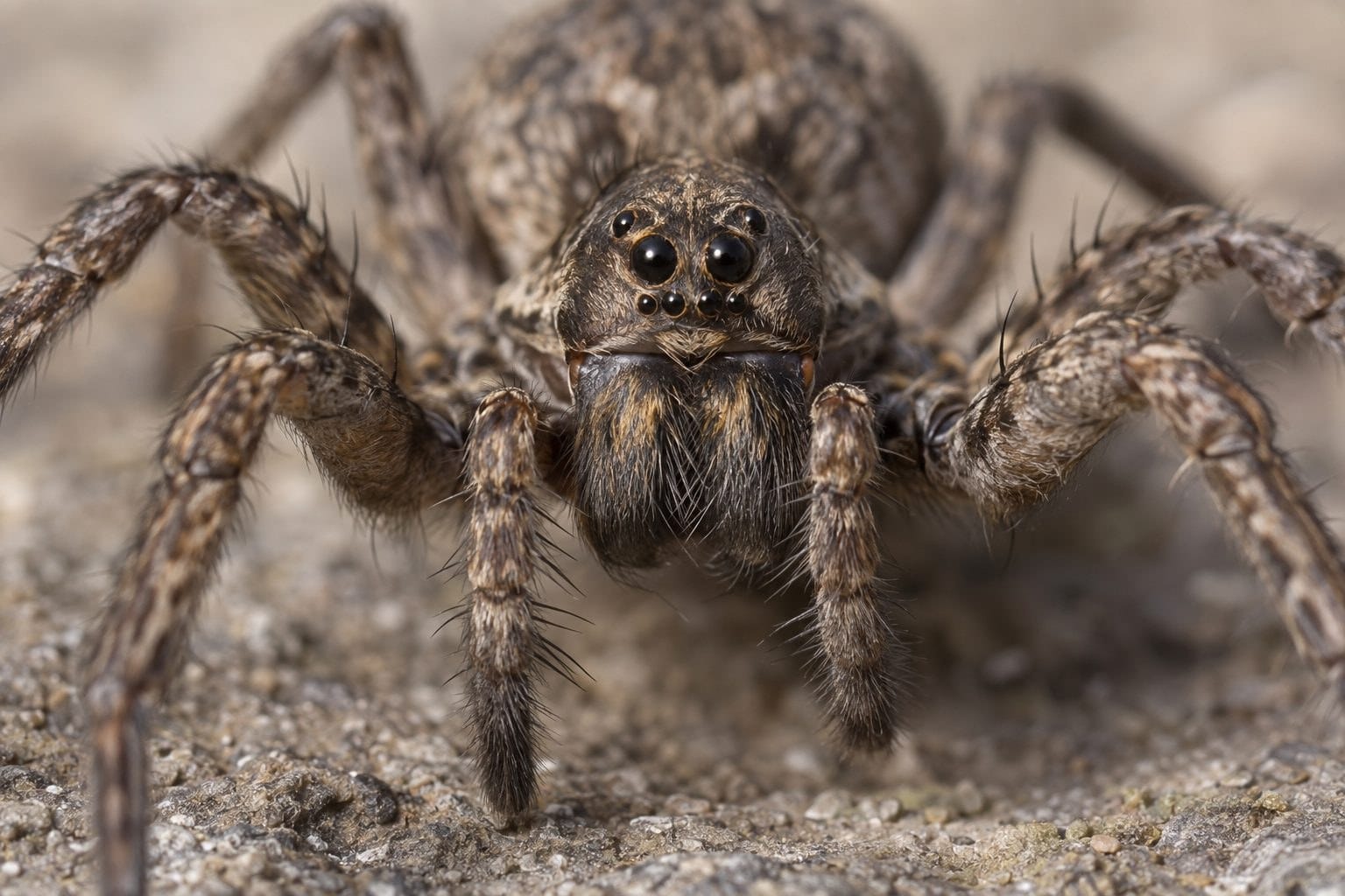 Araignée-loup femelle (Arctosa maculata) en gros plan de face montrant ses yeux caractéristiques