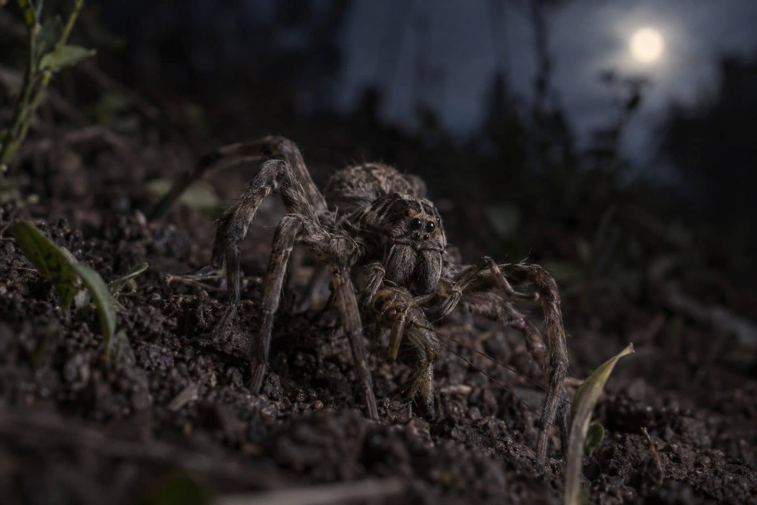 Araignée-loup (Lycosa species) en chasse active au sol la nuit attrapant un insecte