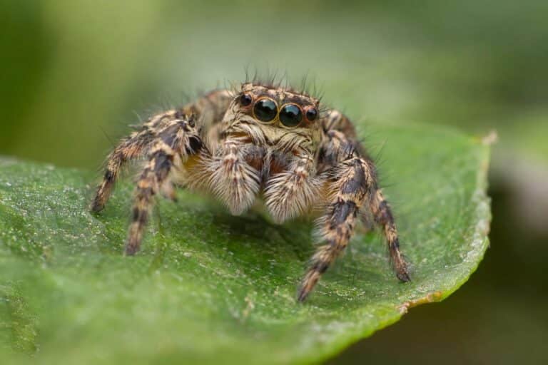 Araignée sauteuse (Salticidae) en gros plan montrant ses caractéristiques distinctives et son regard, sur une feuille verte en lumière naturelle