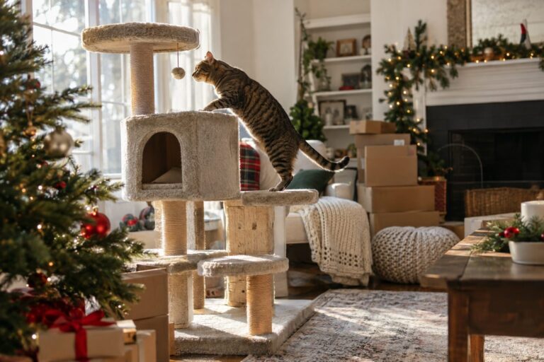 Un chat tabby grimpe et explore un arbre à chat dans un salon moderne, avec des cartons de Noël et des guirlandes visibles en arrière-plan
