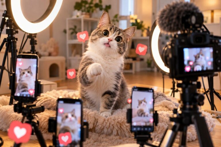 Un chat aux grands yeux expressifs entouré de symboles de réseaux sociaux (téléphones, cœurs lumineux) dans un décor de studio de contenu
