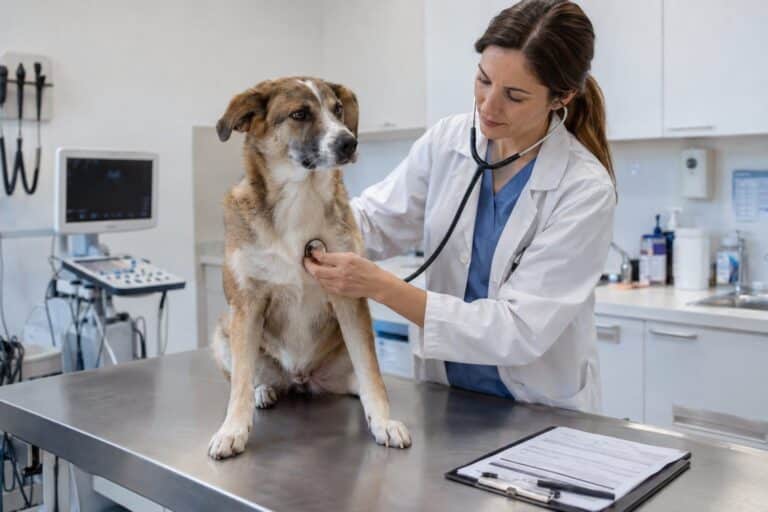 Un chien de race mixte à la consultation vétérinaire recevant un examen médical, avec facture et frais affichés en arrière-plan