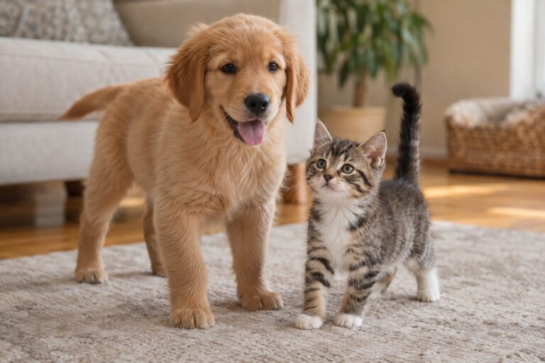 Un jeune chiot et un chaton ensemble, l'air curieux et joueur