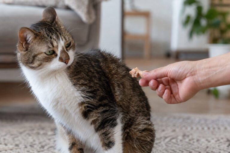 Un chien ou un chat en train de refuser une friandise dangereuse avec une expression méfiante
