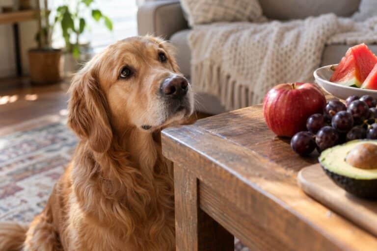 Un chien Golden Retriever regardant avec envie des fruits variés (pomme, raisin, pastèque, avocat) disposés sur une table basse en bois, en intérieur lumineux