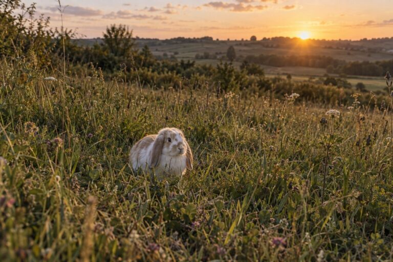 Un lapin domestique abandonné seul dans un champ ou une prairie naturelle, montrant le contraste entre l'animal fragile et l'environnement sauvage