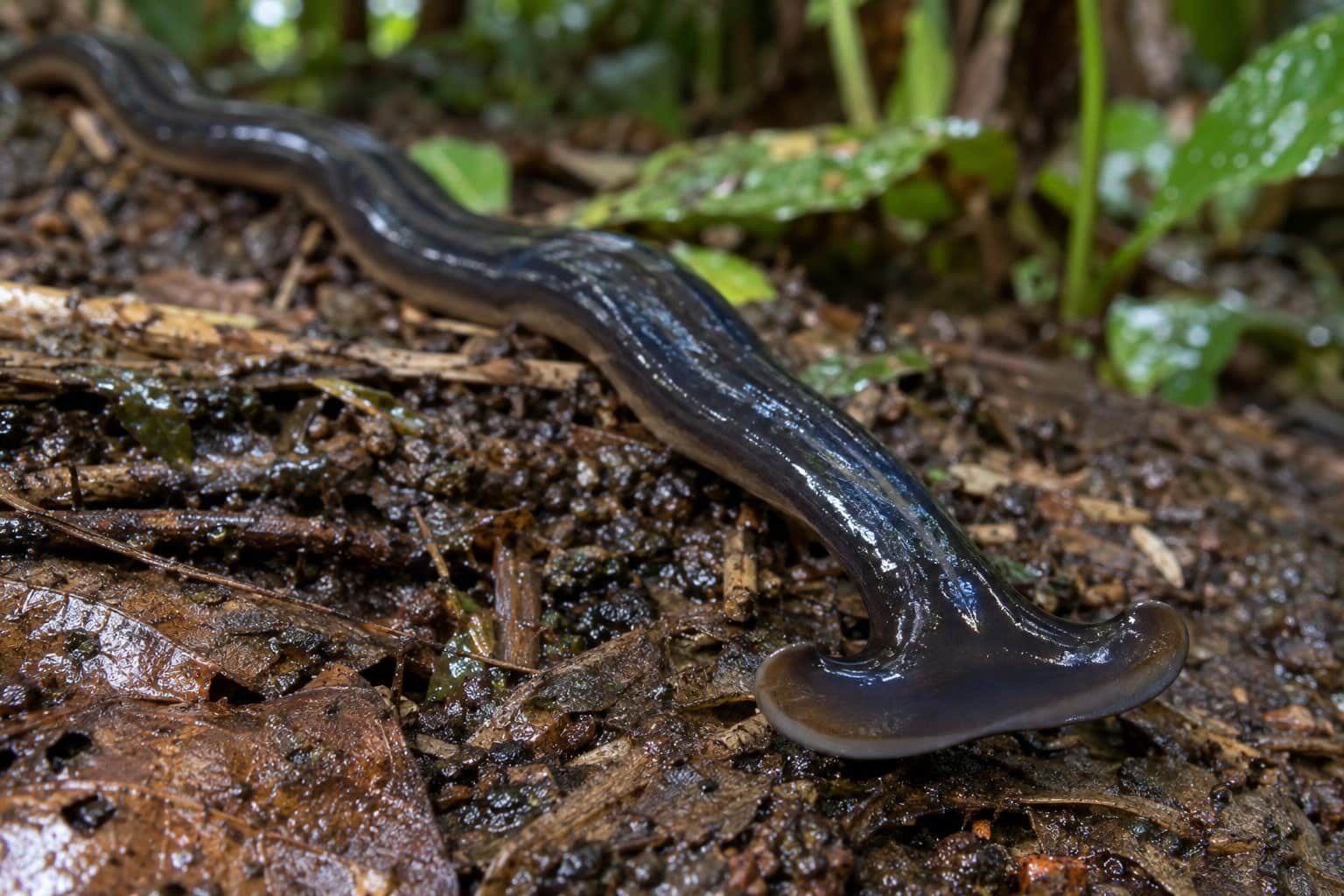 Ver planaire géant (Bipalium sp.) avec sa tête caractéristique en forme de marteau