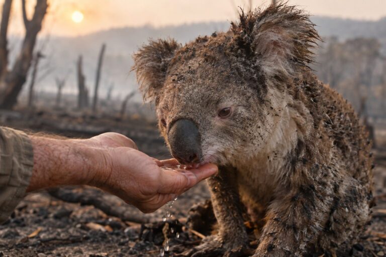 Un koala (Phascolarctos cinereus) assoiffé buvant de l'eau offerte par une main humaine pendant les feux de brousse australiens