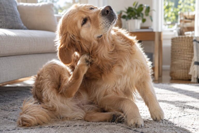 Un chien Golden Retriever se grattant intensément le cou et le flanc, montrant des signes visibles d'inconfort et d'irritation cutanée, dans un intérieur domestique lumineux