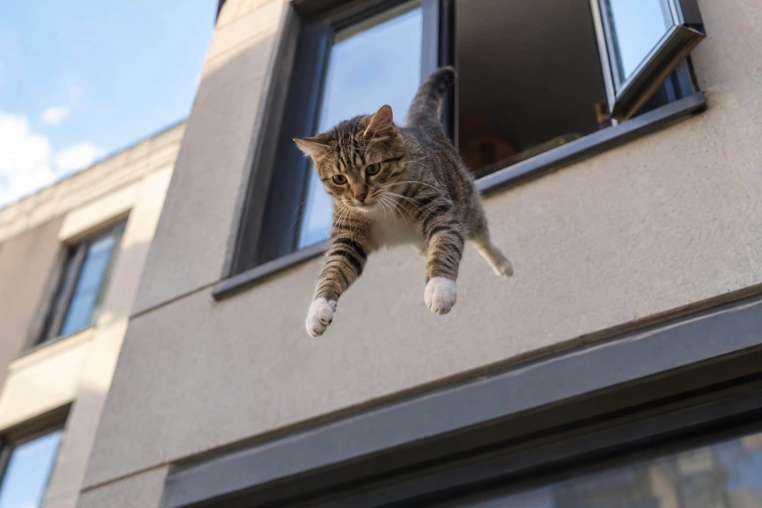 Chat domestique (Felis catus) tombant d'une fenêtre ouverte d'un appartement en ville, capturant l'instant de chute avec l'appartement flou en arrière-plan