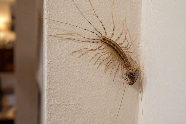 Scutigère véloce chassant un insecte ravageur dans un intérieur domestique