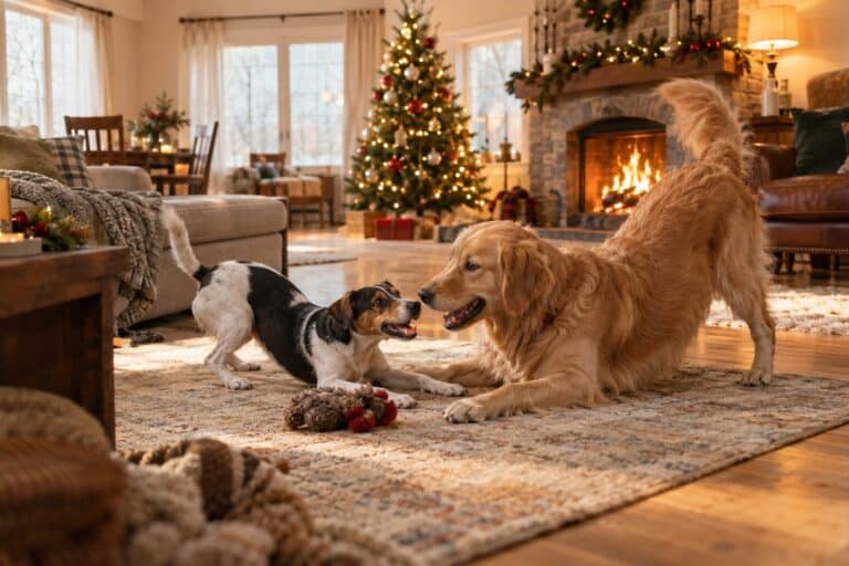Deux chiens jouant ensemble dans un salon cosy pendant la période hivernale, avec ambiance chaleureuse de Noël