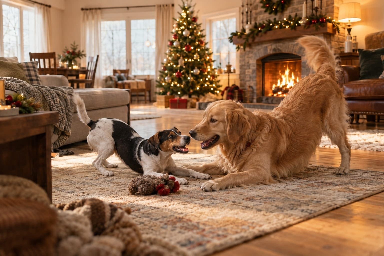 Deux chiens jouant ensemble dans un salon cosy pendant la période hivernale, avec ambiance chaleureuse de Noël
