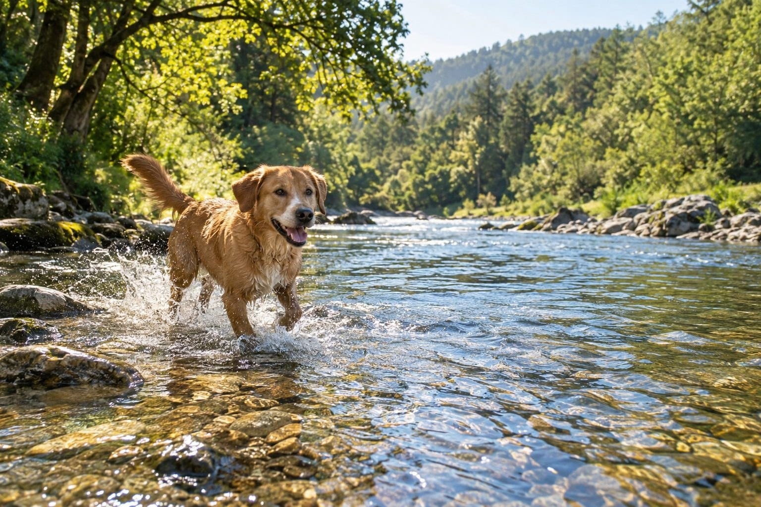 Un chien de race moyenne jouant et barboter dans une rivière peu profonde par une journée ensoleillée d'été, entouré de végétation dense et de berges naturelles
