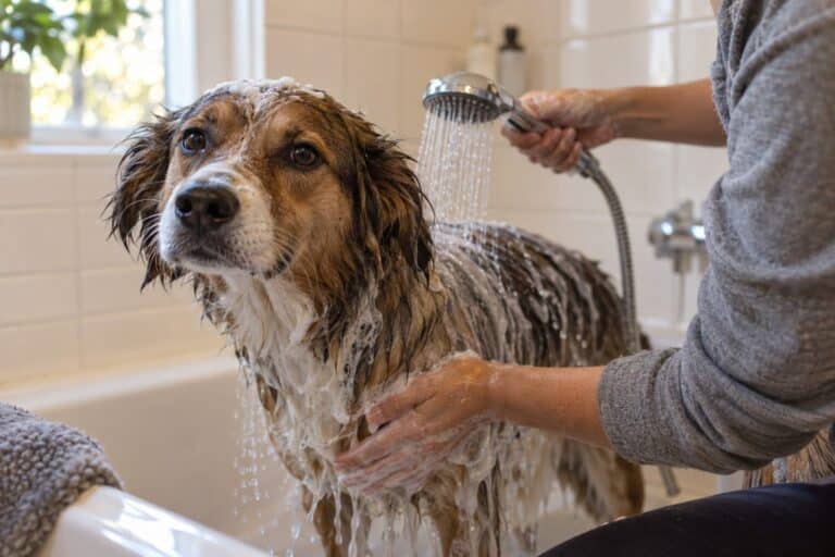 Un chien de race moyenne en train de se faire laver sous une douche, mouillé et savonneux, dans une salle de bain domestique