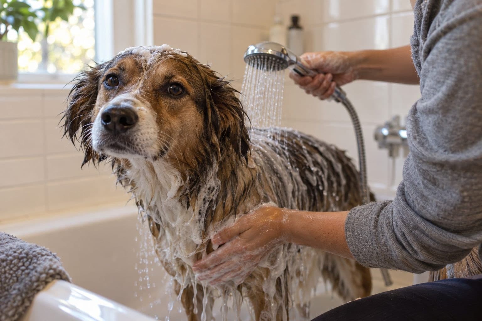 Un chien de race moyenne en train de se faire laver sous une douche, mouillé et savonneux, dans une salle de bain domestique