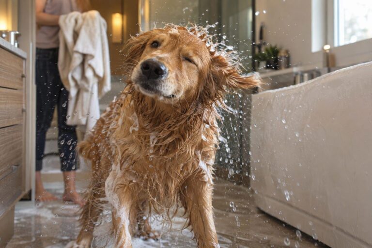 Un chien mouillé après le bain, secoué par son maître dans une salle de bains domestique