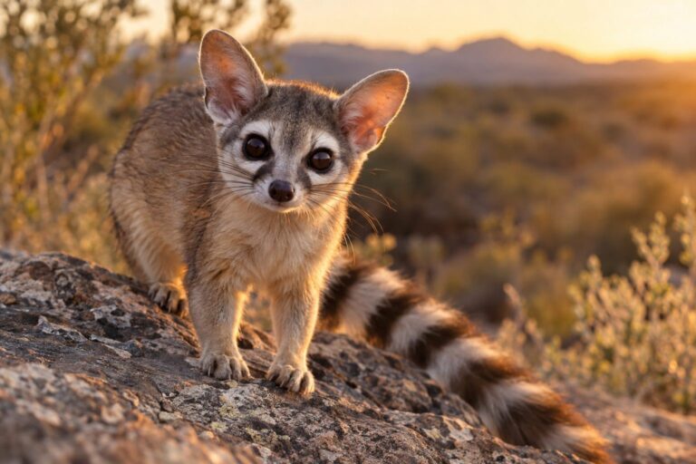 Bassaris rusé (Bassariscus astutus) en gros plan montrant son visage caractéristique avec ses oreilles pointues et son masque blanc