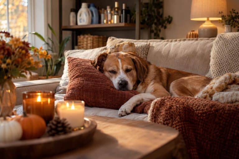 Un chien de taille moyenne, allongé sur un canapé dans un salon automnal, avec des bougies parfumées allumées et des produits ménagers visibles en arrière-plan, l'expression du chien montrant une gêne ou de la fatigue