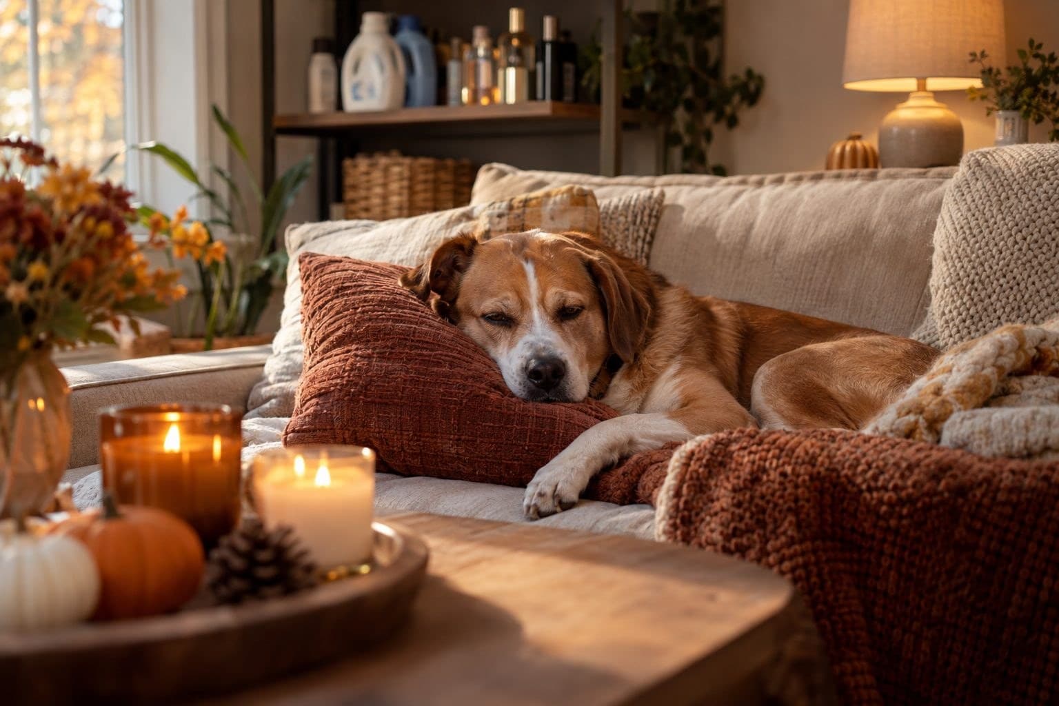 Un chien de taille moyenne, allongé sur un canapé dans un salon automnal, avec des bougies parfumées allumées et des produits ménagers visibles en arrière-plan, l'expression du chien montrant une gêne ou de la fatigue