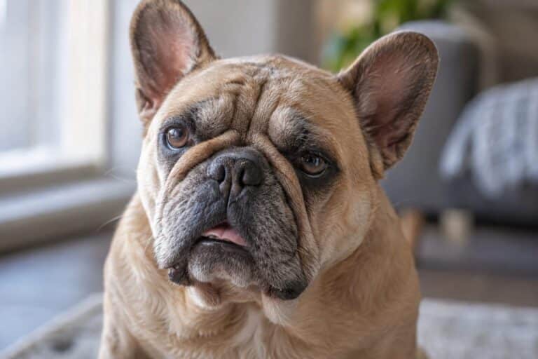 Bouledogue français ou carlin, gros plan du visage montrant les traits caractéristiques (museau écrasé, rides, yeux saillants) avec expression attendrissante mais révélant les fragilités physiques