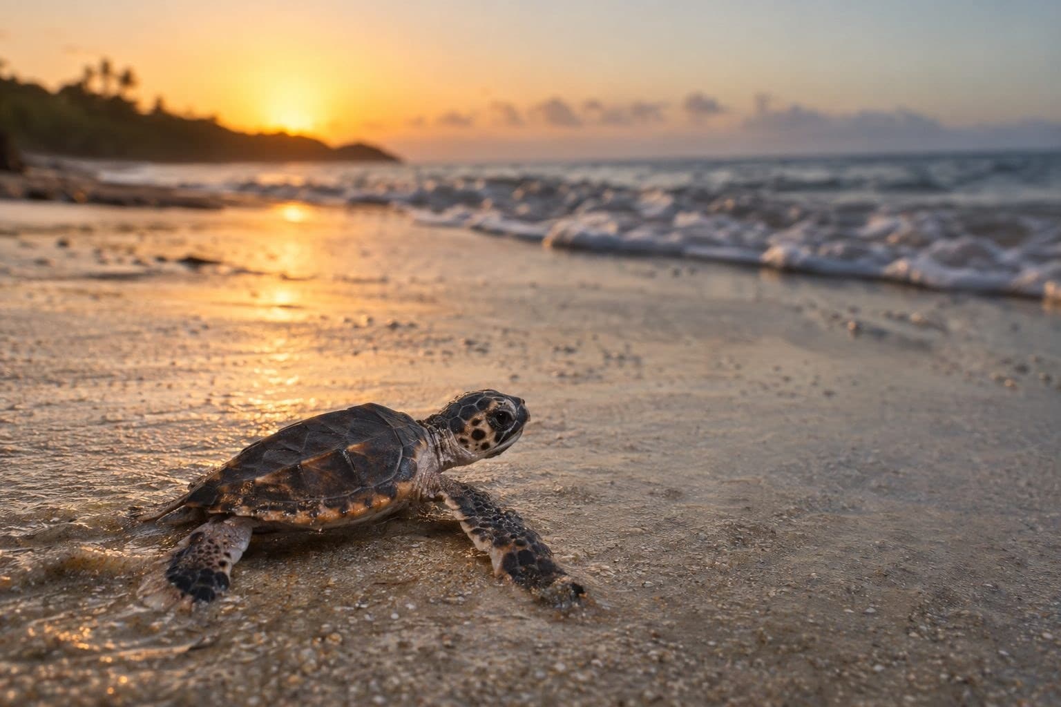 Jeune tortue imbriquée éclos sur une plage brésilienne déserte, se dirigeant vers l'océan