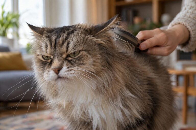 Un chat au pelage long et fluide montrant une expression d'inconfort ou d'agacement pendant qu'on le brosse à rebrousse-poil