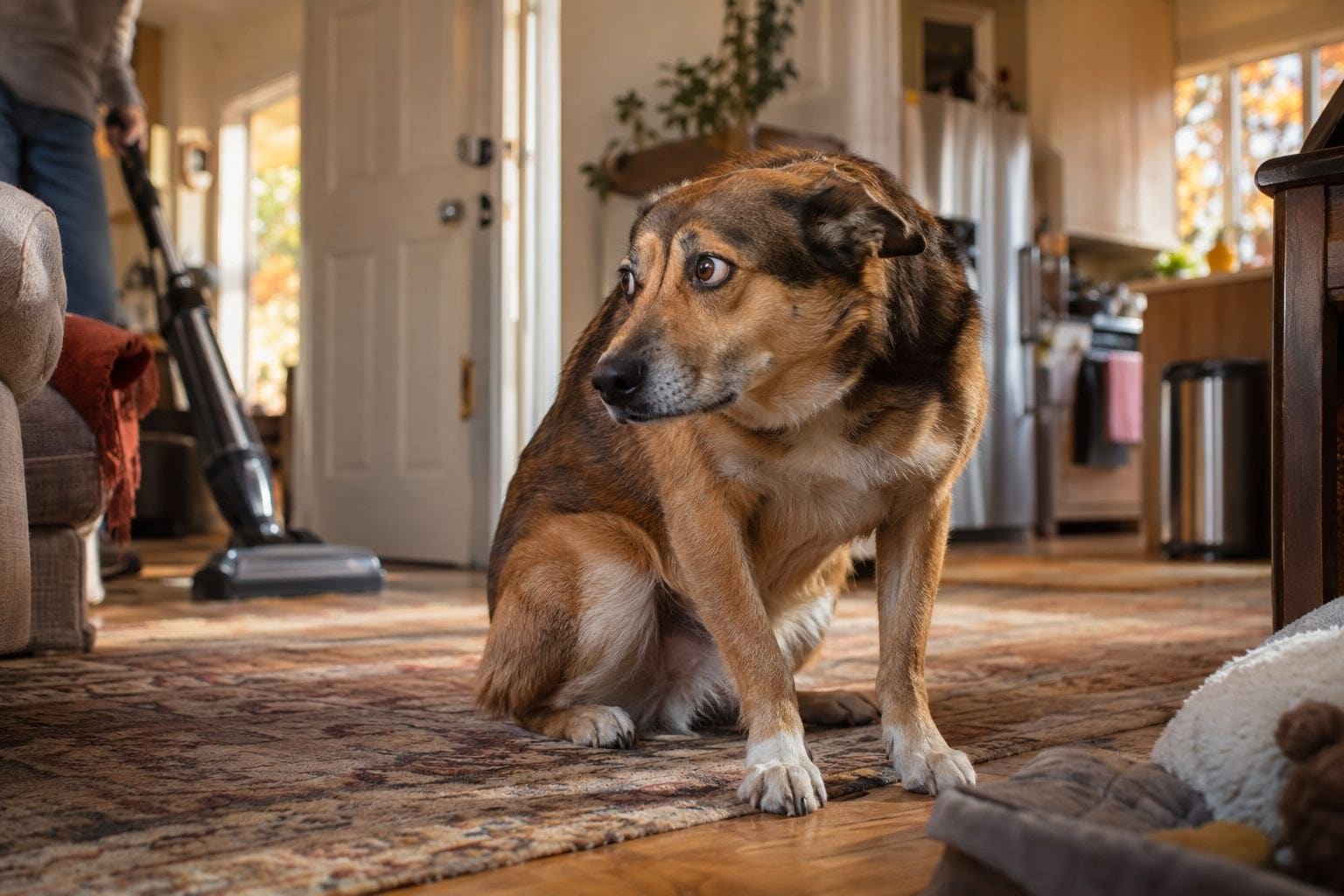 Un chien de taille moyenne montrant des signes de stress et d'anxiété à l'intérieur d'une maison, avec des éléments sonores du quotidien visibles (porte, aspirateur, four) en arrière-plan
