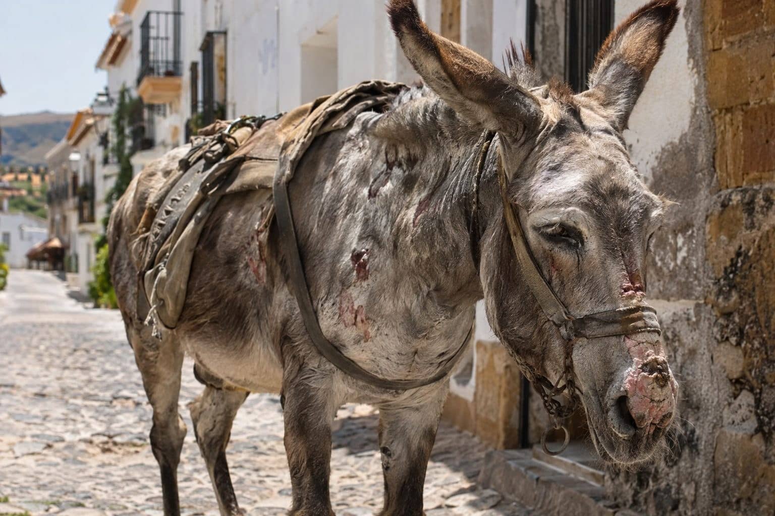 Âne de bât espagnol montrant des blessures et ulcères sur son corps, debout dans une ruelle pavée d'un village touristique andalou