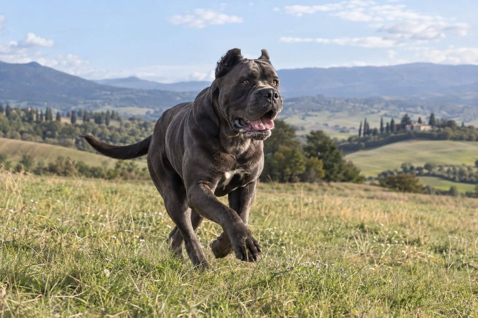 Cane Corso en action sportive courant ou jouant pour montrer sa vitalité et son besoin d'exercice