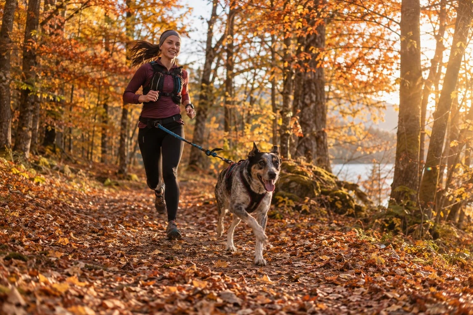 Un coureur et son chien en canicross dans une forêt d'automne avec des feuilles rousses, en action et en harmonie