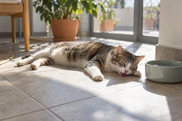 Un chat domestique allongé sur un sol carrelé dans une maison en été, à côté d'une gamelle d'eau, montrant des signes de chaleur et de fatigue