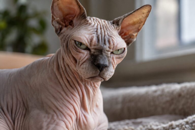 Loki, un chat Sphynx sans poils avec une expression faciale grognon et méfiante, gros plan du visage
