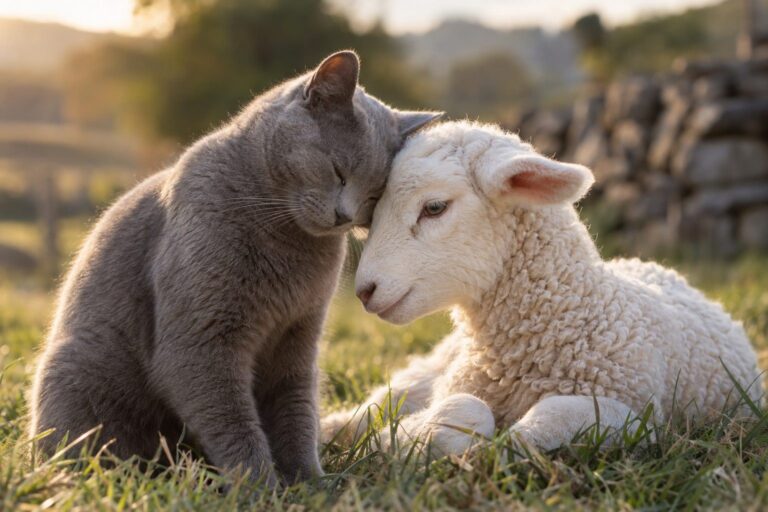 Un chat gris et un petit agneau blanc se câlinant tendrement face à face