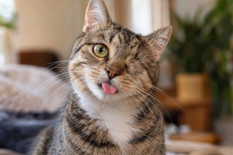 Portrait expressif en gros plan de Rexie, un chat handicapé aux mimiques amusantes et attachantes