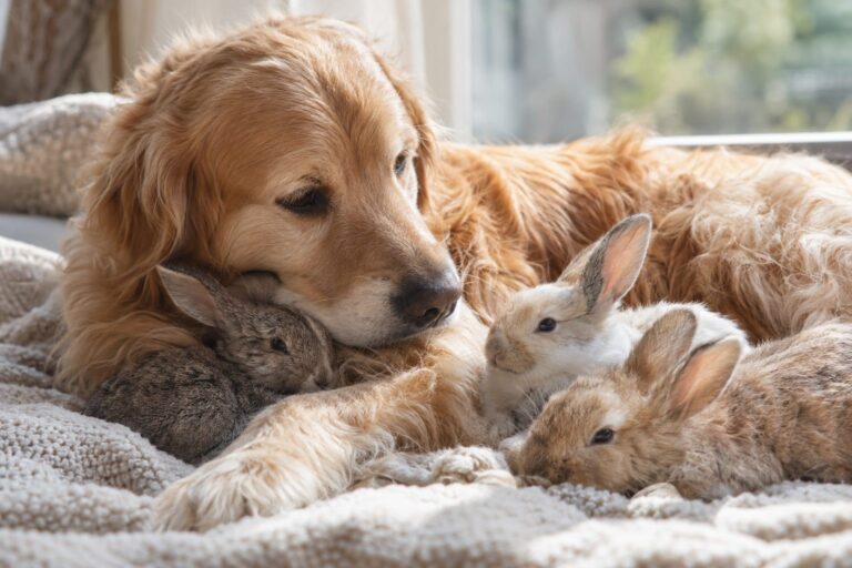 Un Golden Retriever (Canis lupus familiaris) adulte bienveillant entouré de plusieurs jeunes lapins européens (Oryctolagus cuniculus) blottis contre lui dans un environnement cosy d'intérieur