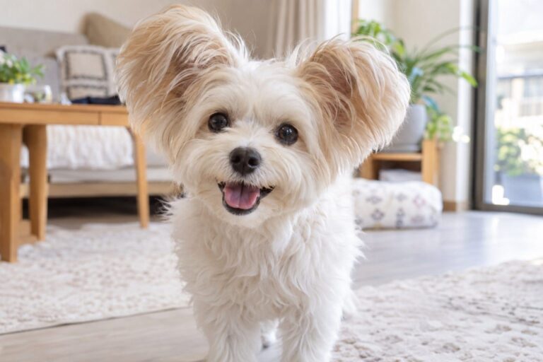 Goma, un chien croisé Bichon Maltais et Épagneul Nain Papillon avec des oreilles caractéristiques, posant de face avec un expression joyeuse à Tokyo