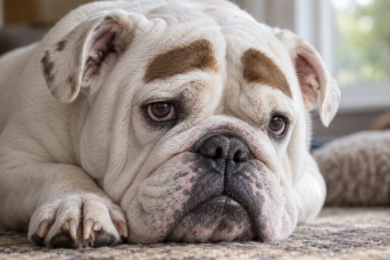Gros plan du visage d'un bulldog anglais blanc avec d'énormes sourcils marron, expression triste caractéristique