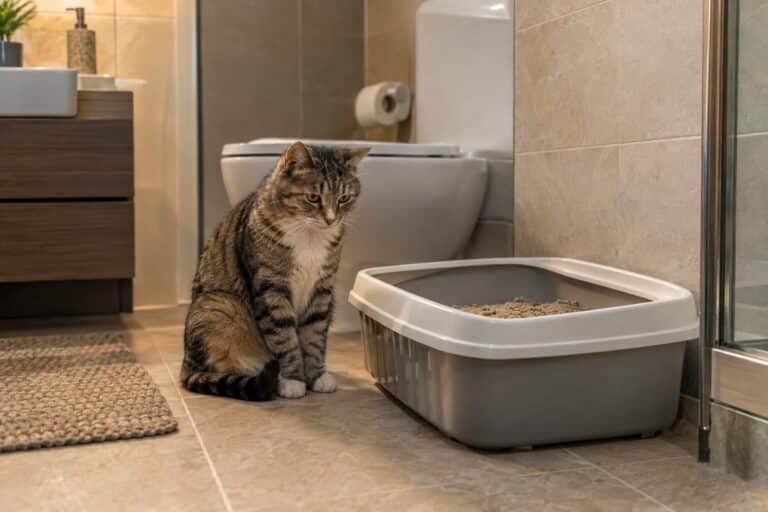 Un chat assis près d'une litière placée dans une salle de bains, regardant vers la porte avec une expression dubitative