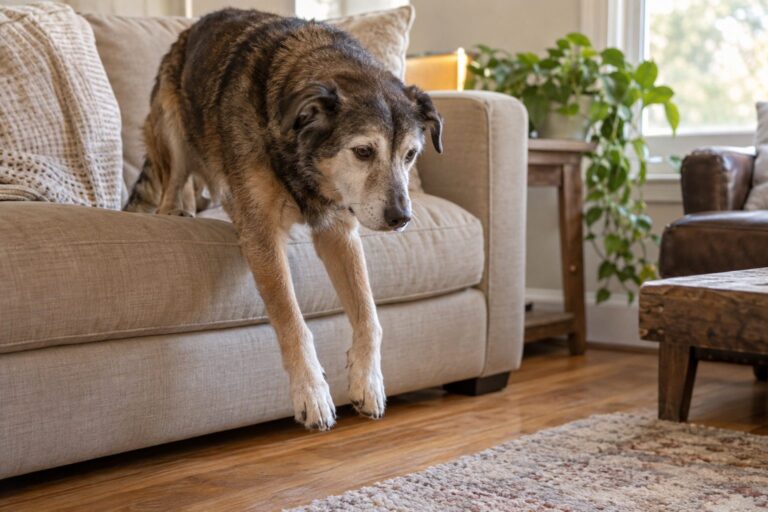 Un chien âgé montrant des signes de vieillesse à travers des gestes quotidiens hésitants