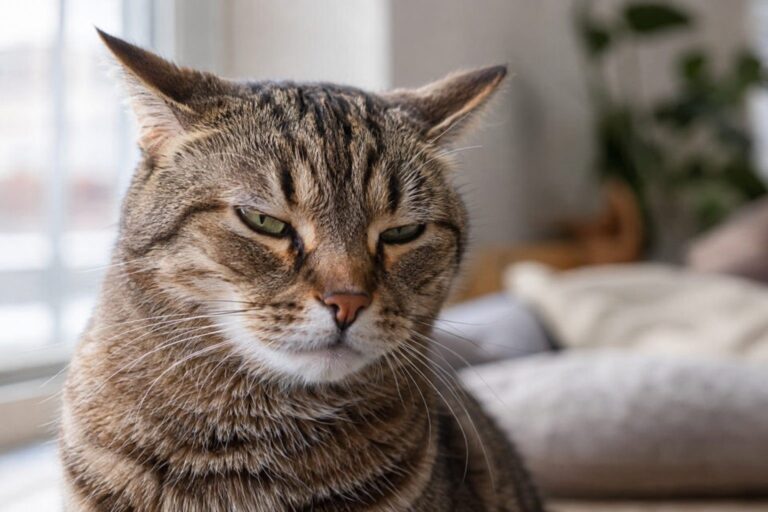 Gros plan du visage d'un chat domestique (Felis catus) montrant une expression faciale subtile de malaise ou de douleur, avec les yeux mi-clos et les oreilles légèrement en arrière
