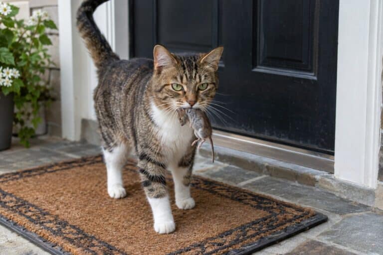 Chat domestique rapportant une proie vivante sur le paillasson de l'entrée d'une maison