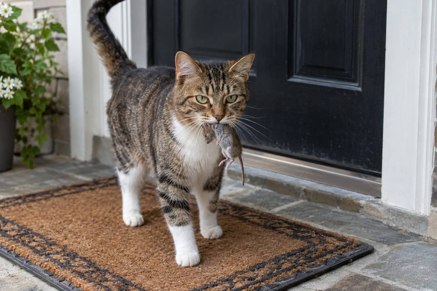 Chat domestique rapportant une proie vivante sur le paillasson de l'entrée d'une maison