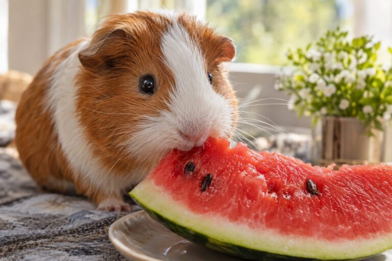 Un cochon d'Inde (Cavia porcellus) mangeant une tranche de pastèque avec curiosité, gros plan sur son visage et la pastèque, en intérieur lumineux