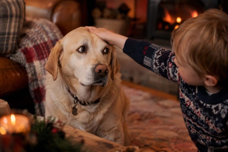 Un enfant caressant la tête d'un chien de race moyenne (type labrador ou Golden Retriever) en le touchant de façon maladroite sur le crâne, dans un salon chaleureux en hiver, moment de tendresse qui pourrait mal être interprétée par l'animal