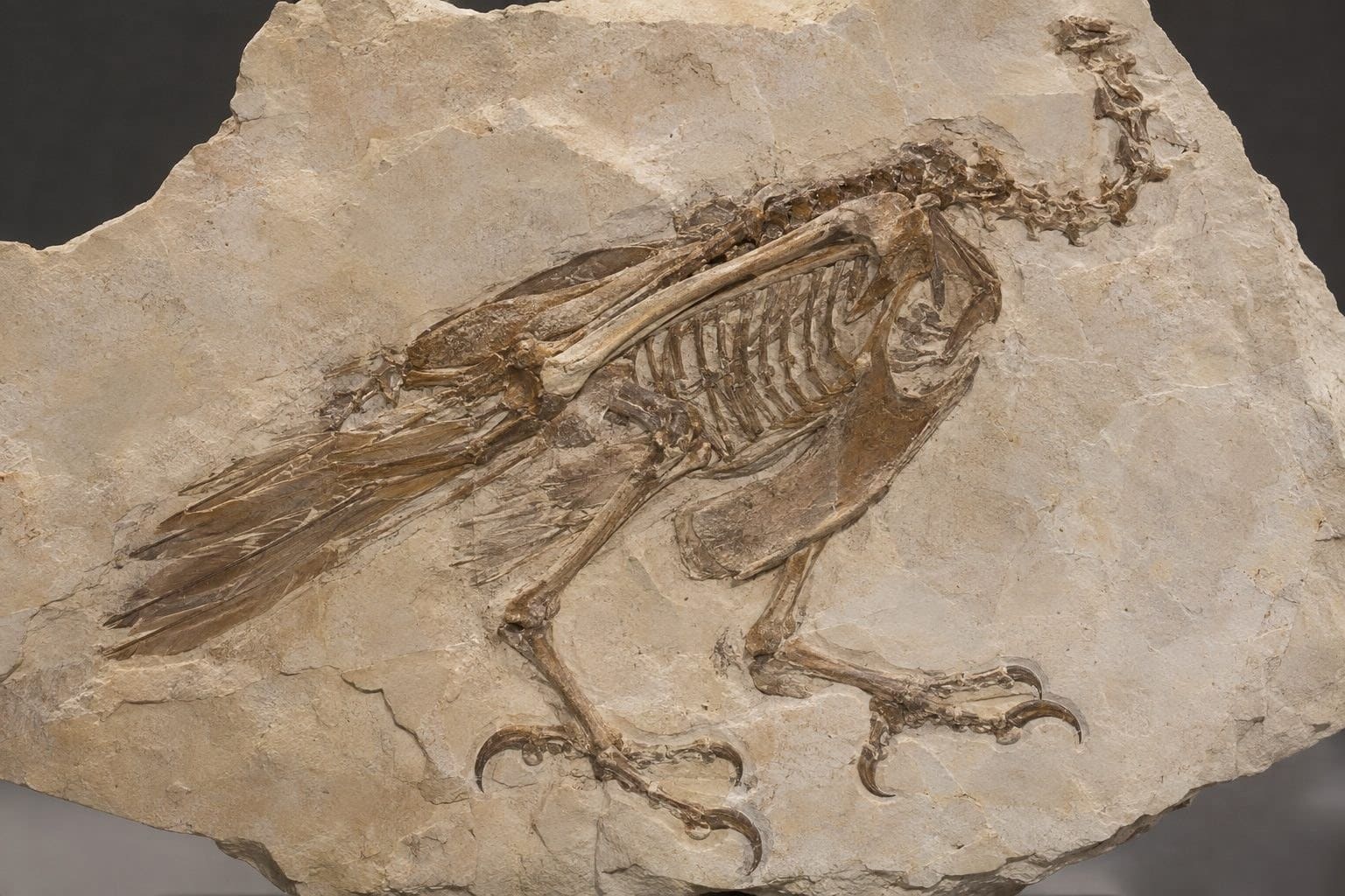 Squelette fossile quasi complet d'Asemolornis corniger, hibou primitif du Paléocène, vu de profil avec détail des serres acérées