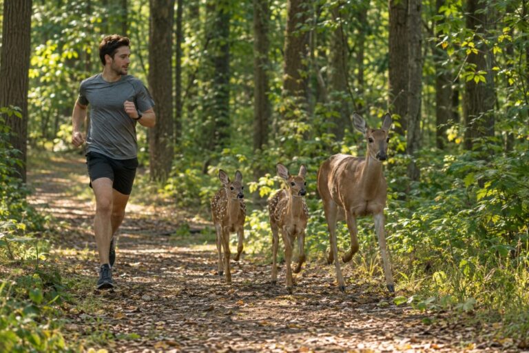 Un joggeur en tenue de sport courant aux côtés d'une famille de cerfs (biche et faons) dans une forêt du Michigan en plein jour