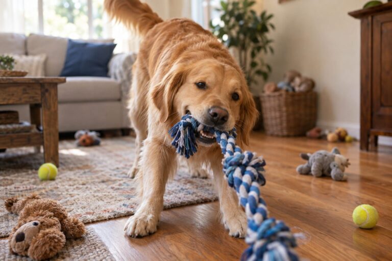 Un chien doré (Golden Retriever) jouant avec une corde à nœuds dans un salon confortable, entouré d'autres jouets éparpillés