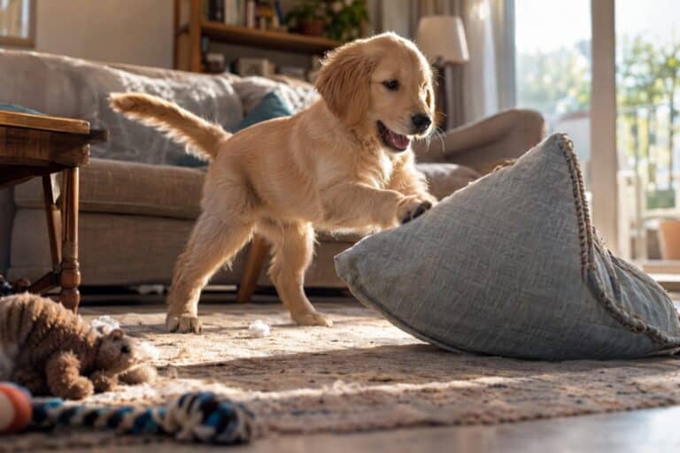 Un chiot joueur qui renverse des objets dans un salon familial, symbole du chaos quotidien apporté par l'arrivée d'un chien